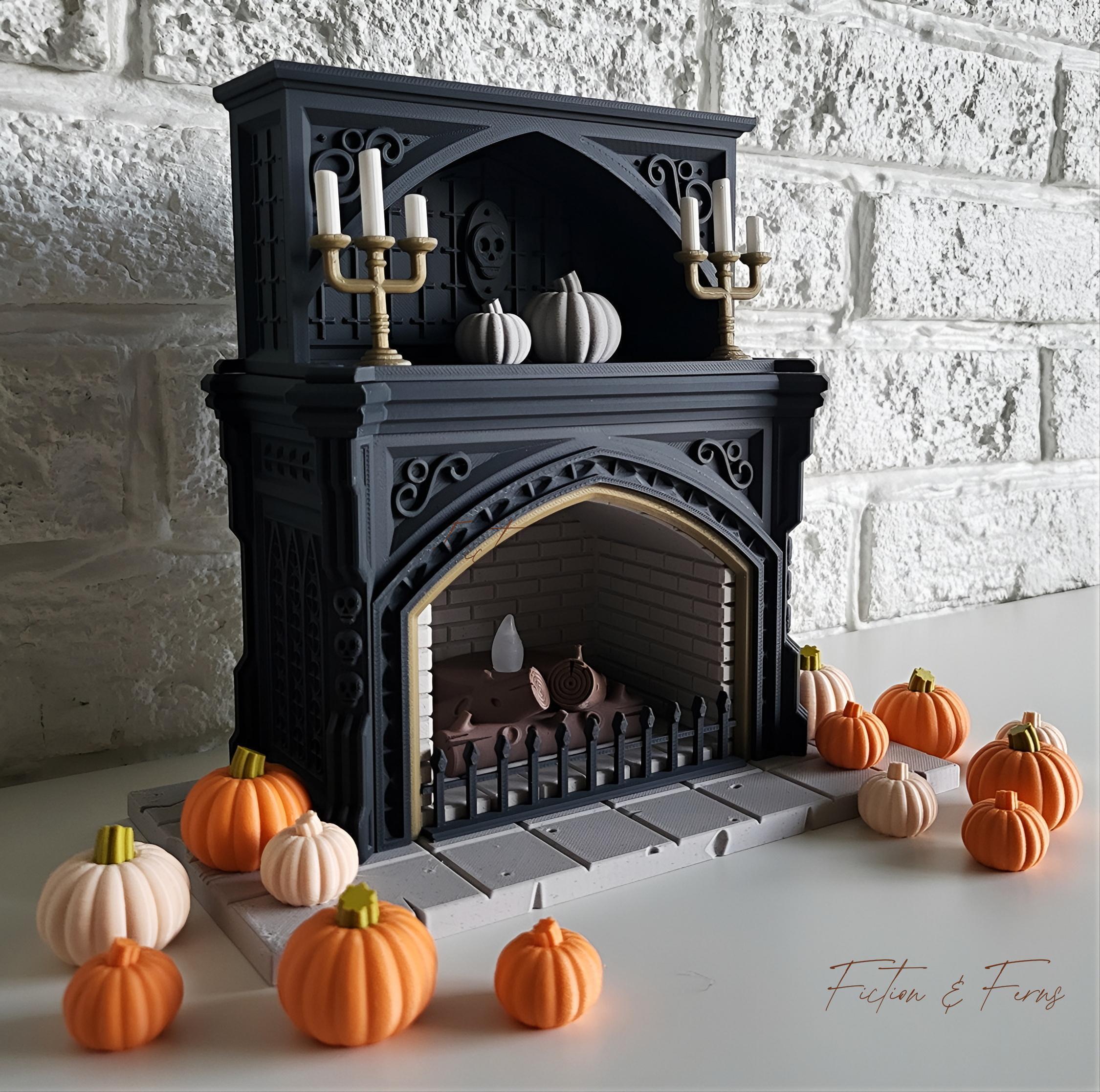 Halloween theme miniature fireplace tealight holder pumpkins | haunted house decor | candle display | autumn orange