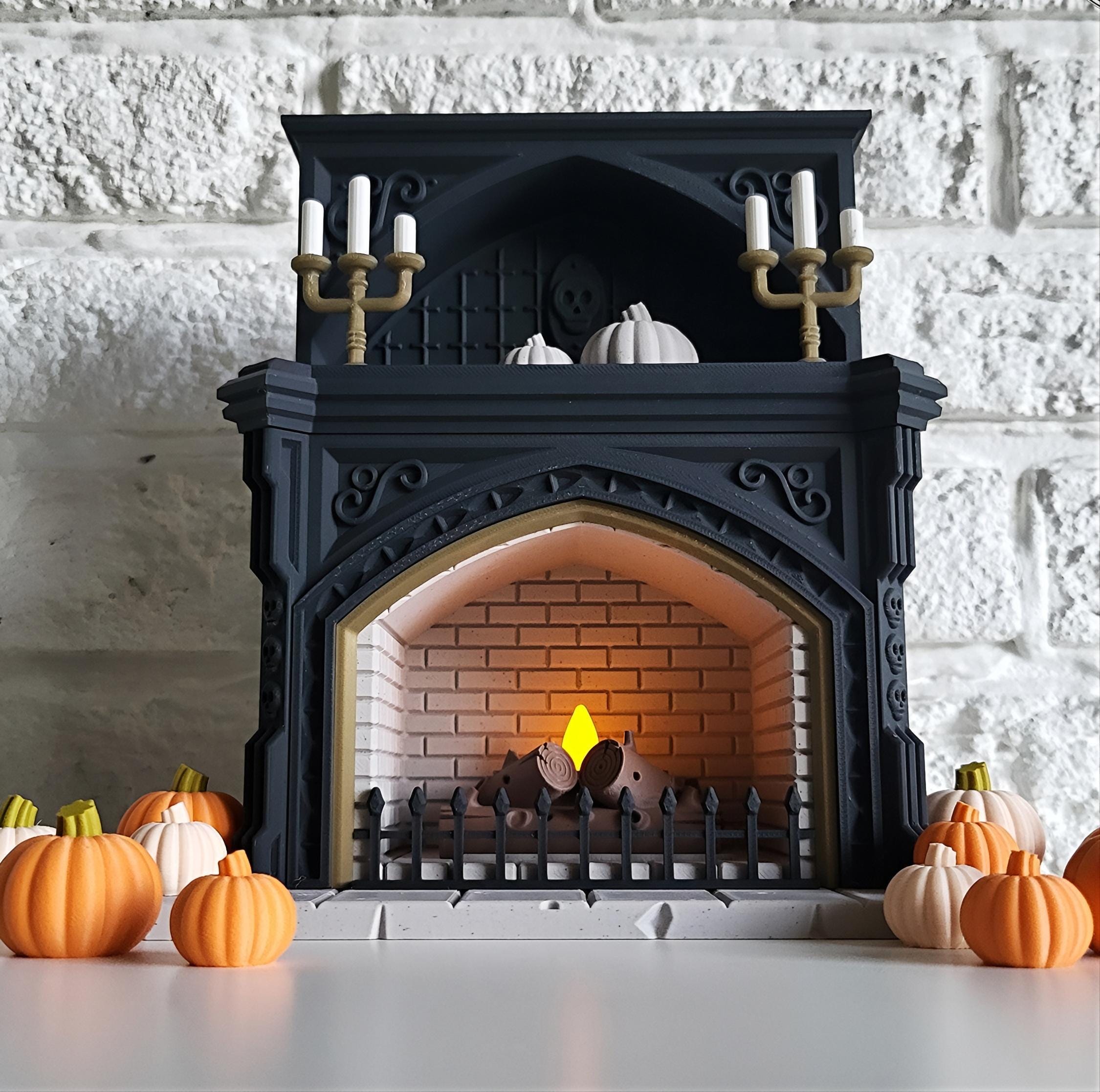 Halloween theme miniature fireplace tealight holder pumpkins | haunted house decor | candle display | autumn orange