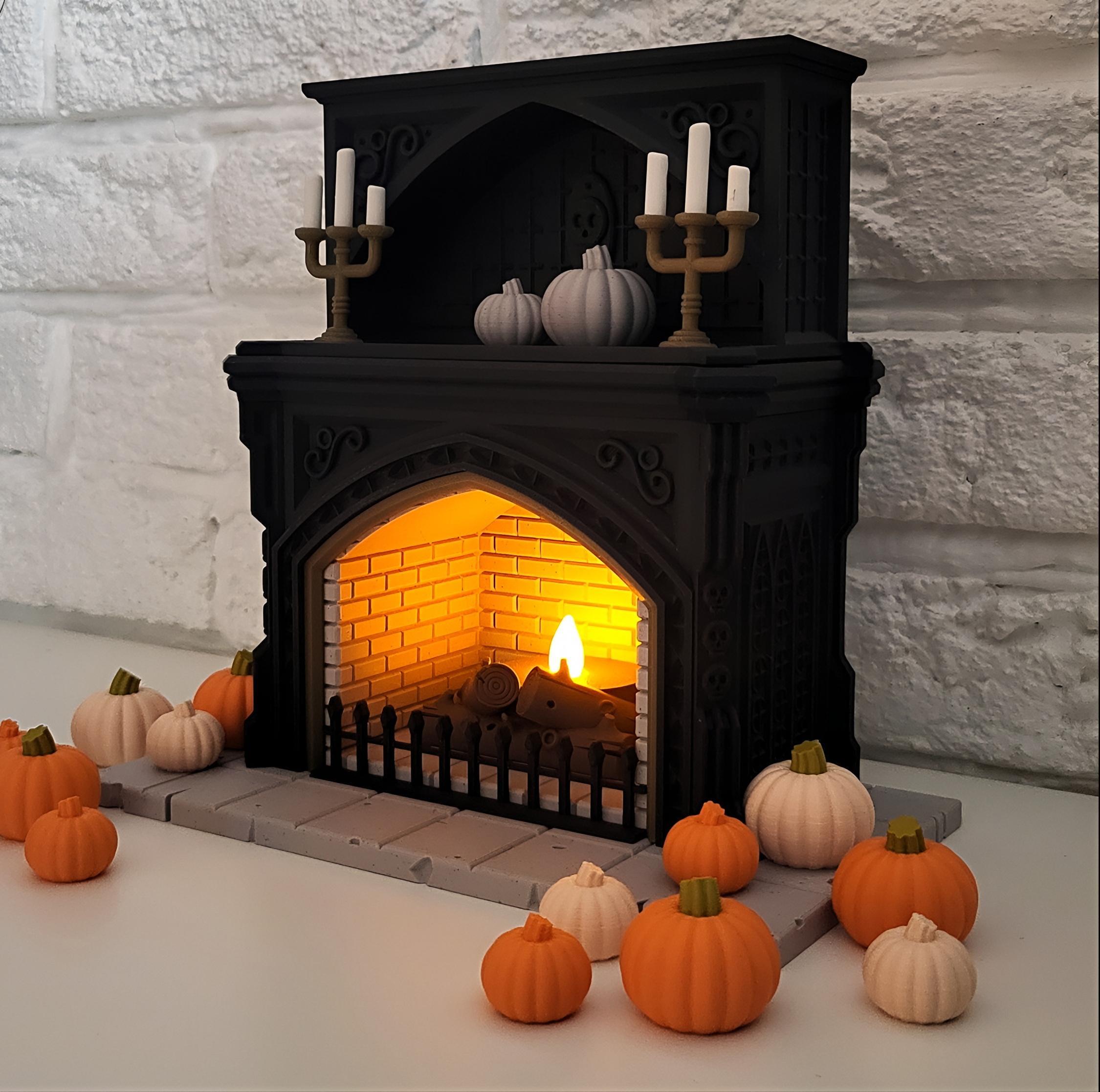 Halloween theme miniature fireplace tealight holder pumpkins | haunted house decor | candle display | autumn orange