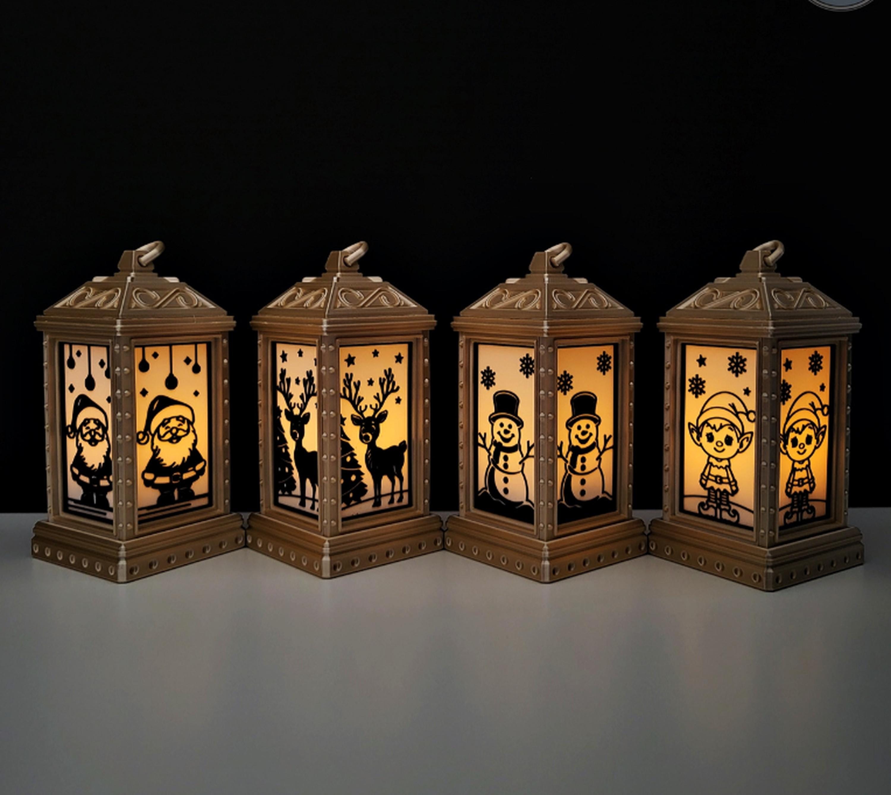 Set of 4 Christmas Lantern Decorations | LED Tealight Holders | Festive Silhouettes | family friendly | gold