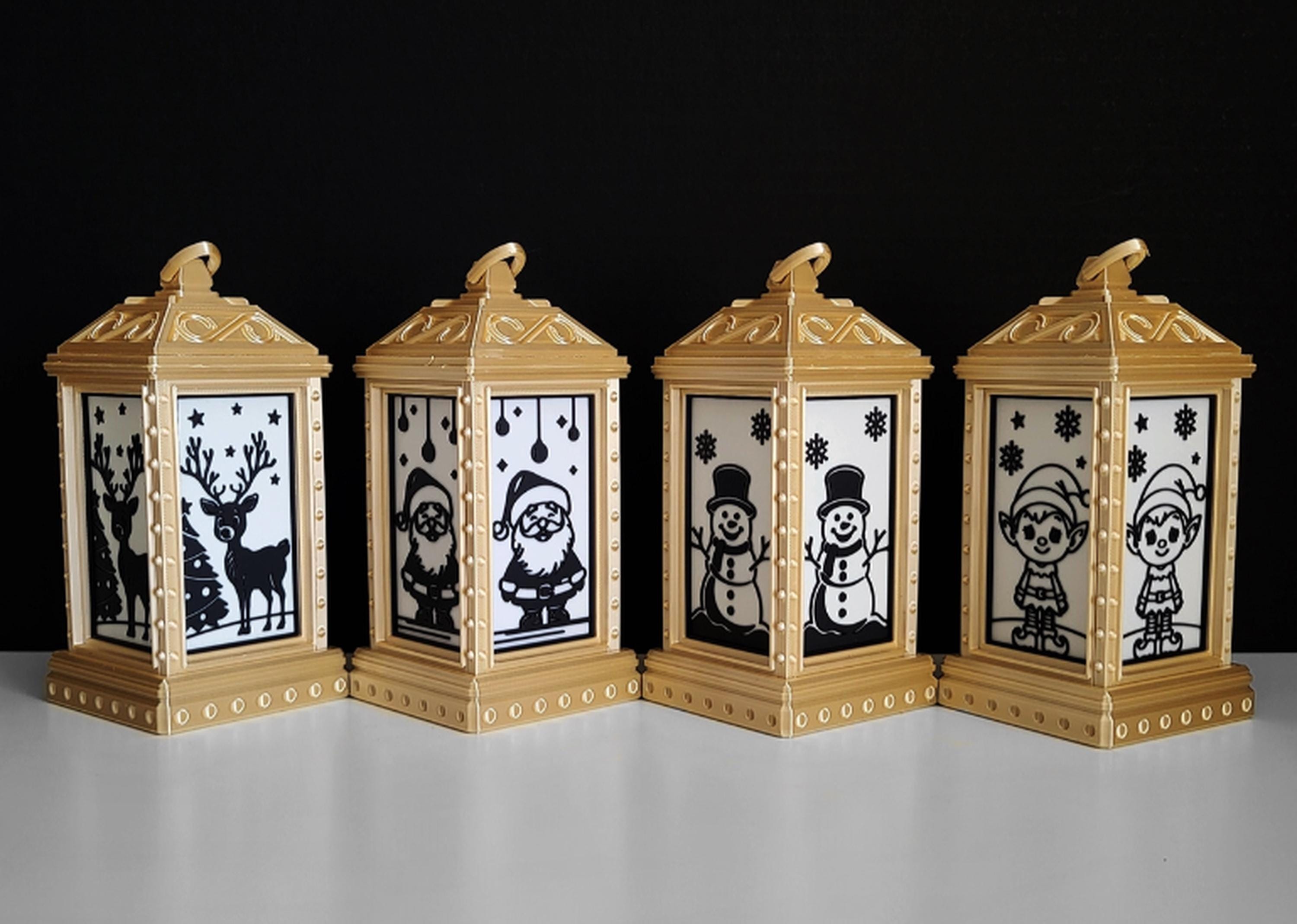 Set of 4 Christmas Lantern Decorations | LED Tealight Holders | Festive Silhouettes | family friendly | gold