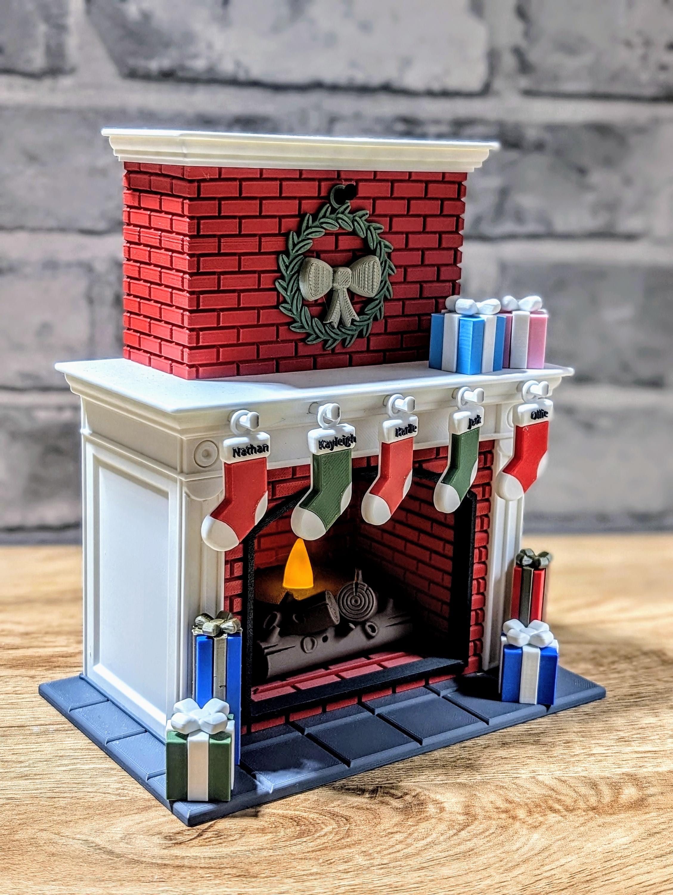 Personalised christmas fireplace | festive ornament | Seasonal Candle | red xmas decoration with presents and stockings