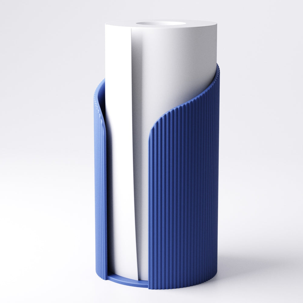 Royal Blue ridged paper towel holder with a roll of kitchen towel loaded, front view