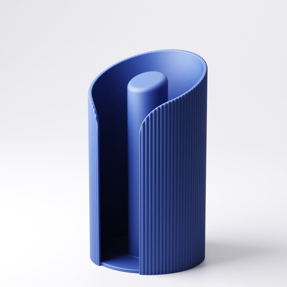 Empty Royal Blue ridged paper towel holder viewed from above, showing the spindle inside