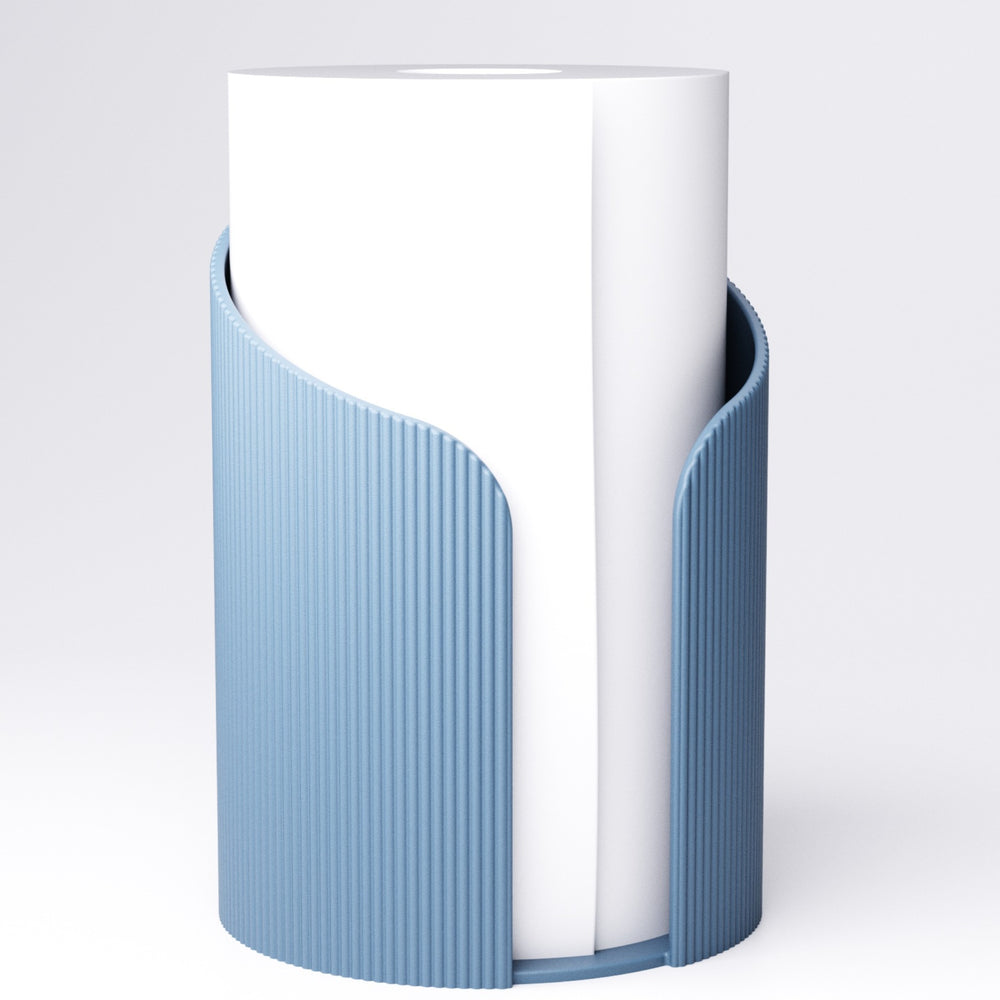 Ice Blue ridged paper towel holder with a roll of kitchen towel loaded, front view