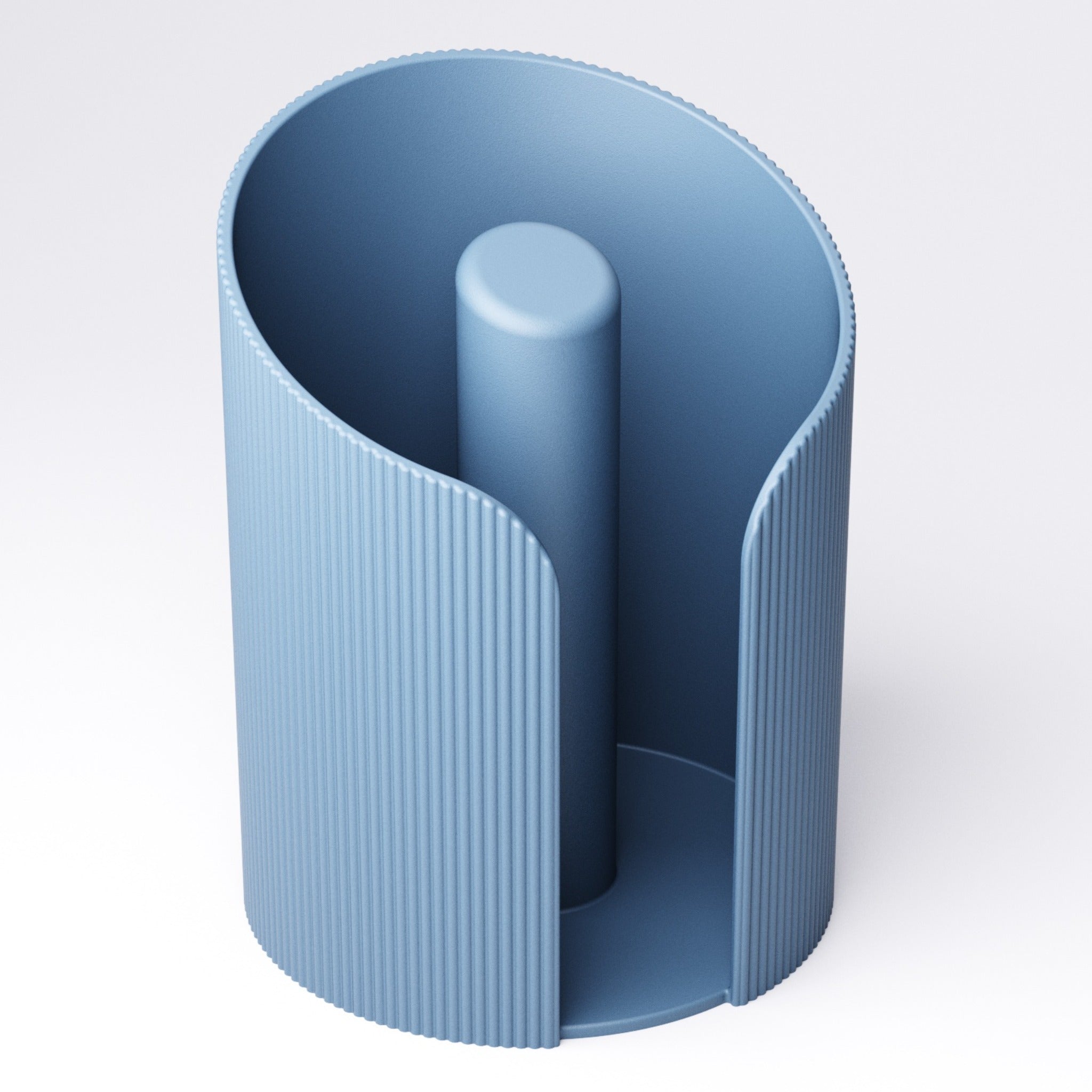 Empty Ice Blue ridged paper towel holder viewed from the front, showing the open ridged wall