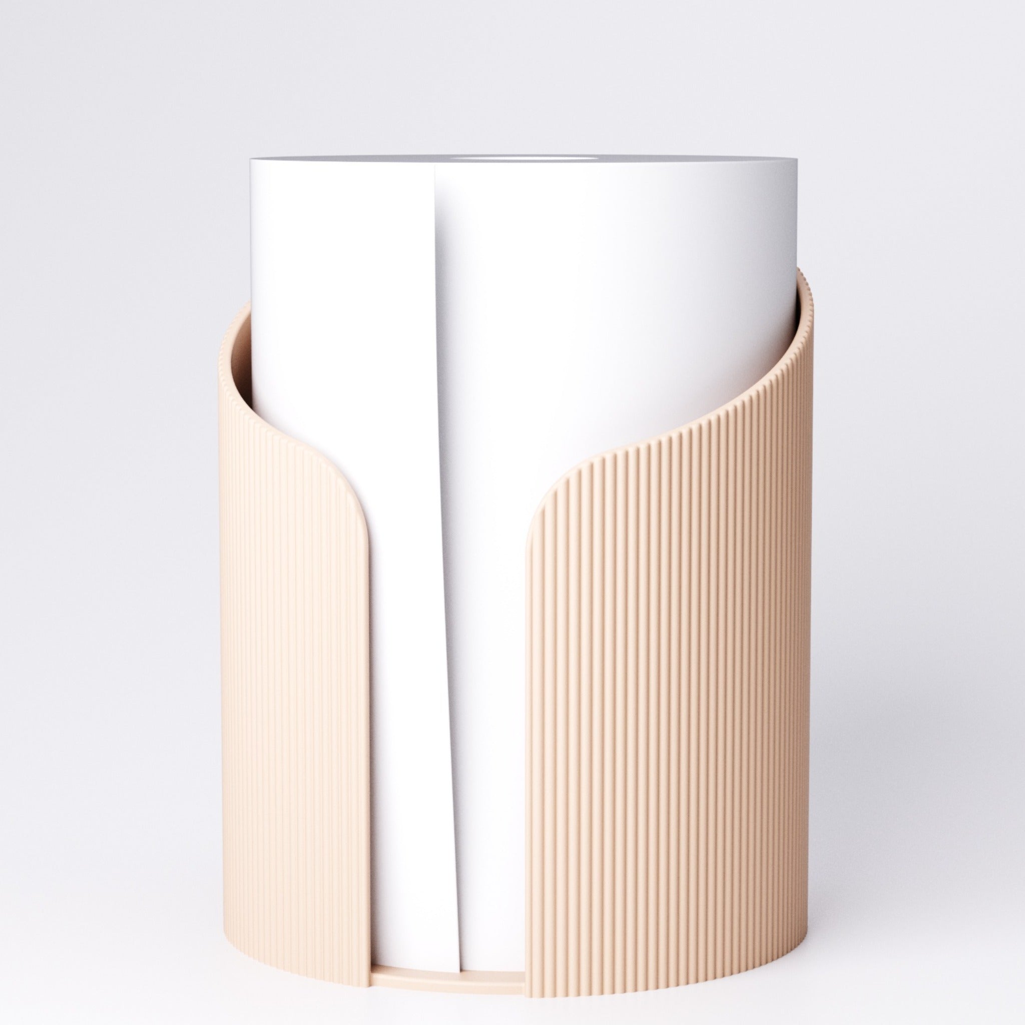 Beige ridged paper towel holder with a roll of kitchen towel loaded, front view