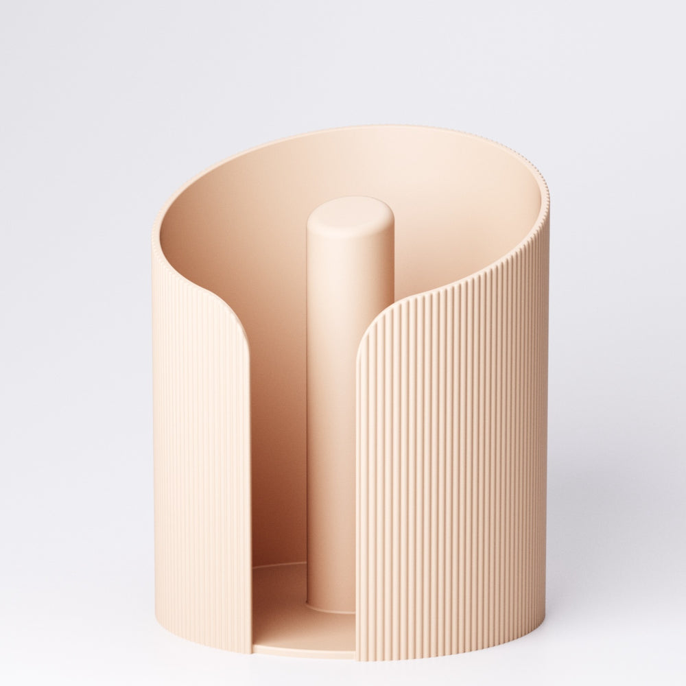 Empty Beige ridged paper towel holder viewed from above, showing the spindle inside