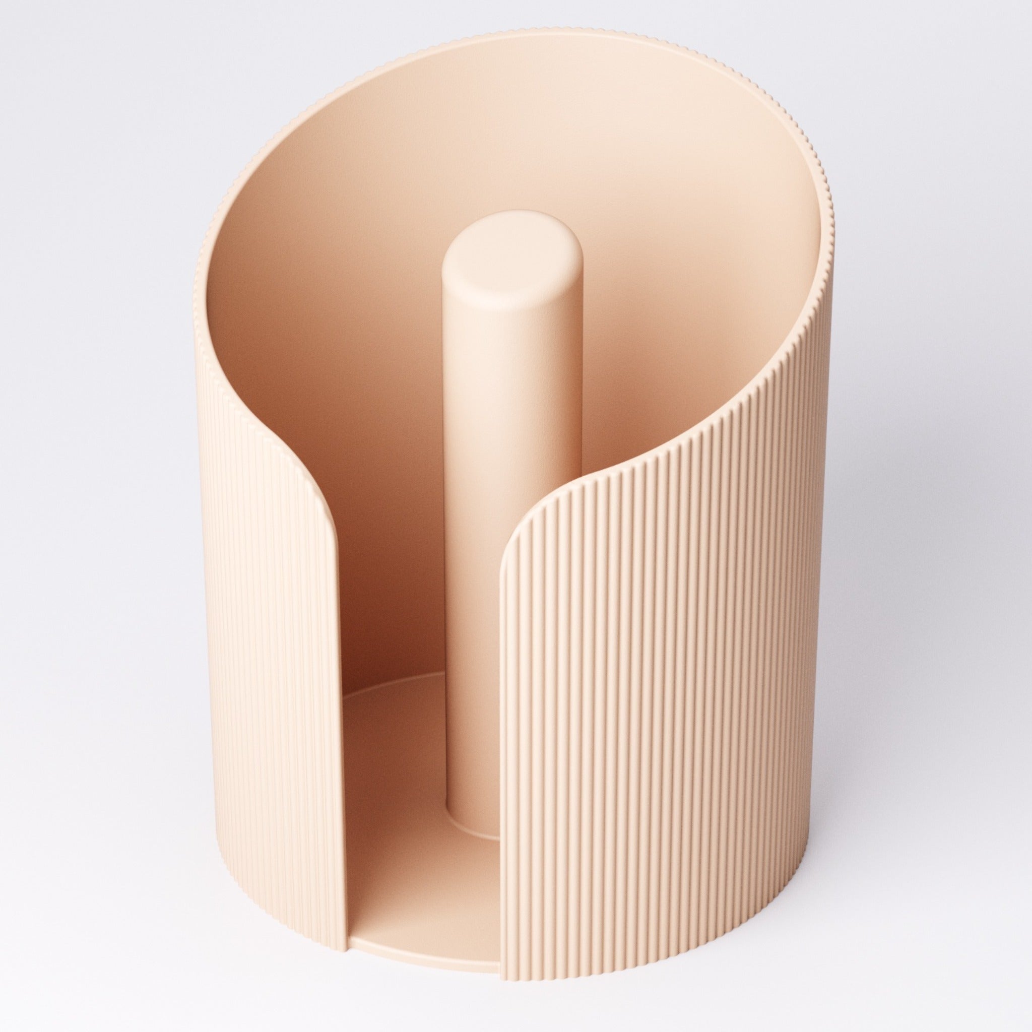 Empty Beige ridged paper towel holder viewed from the front, showing the open ridged wall