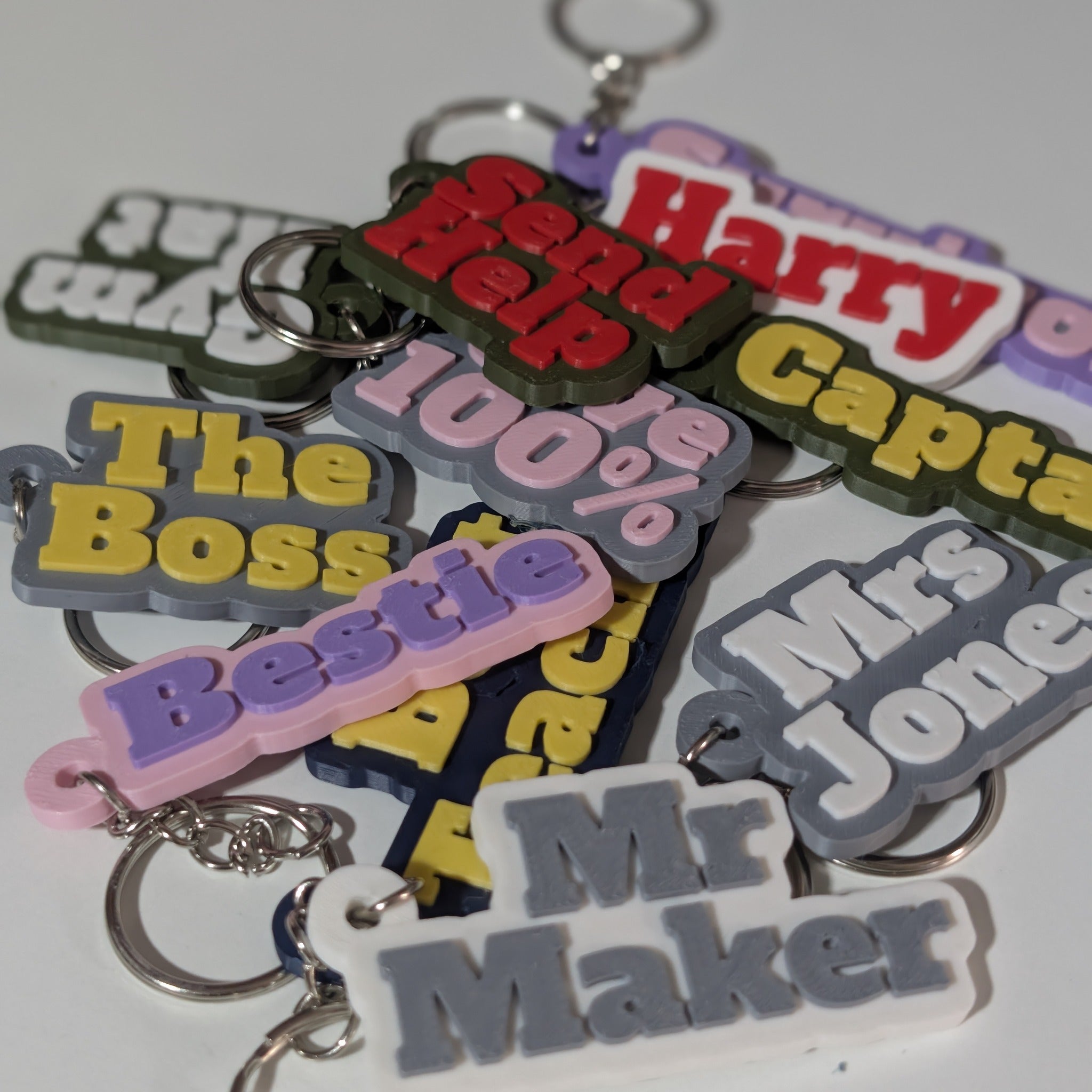 Custom colour name keyring attached to a set of keys