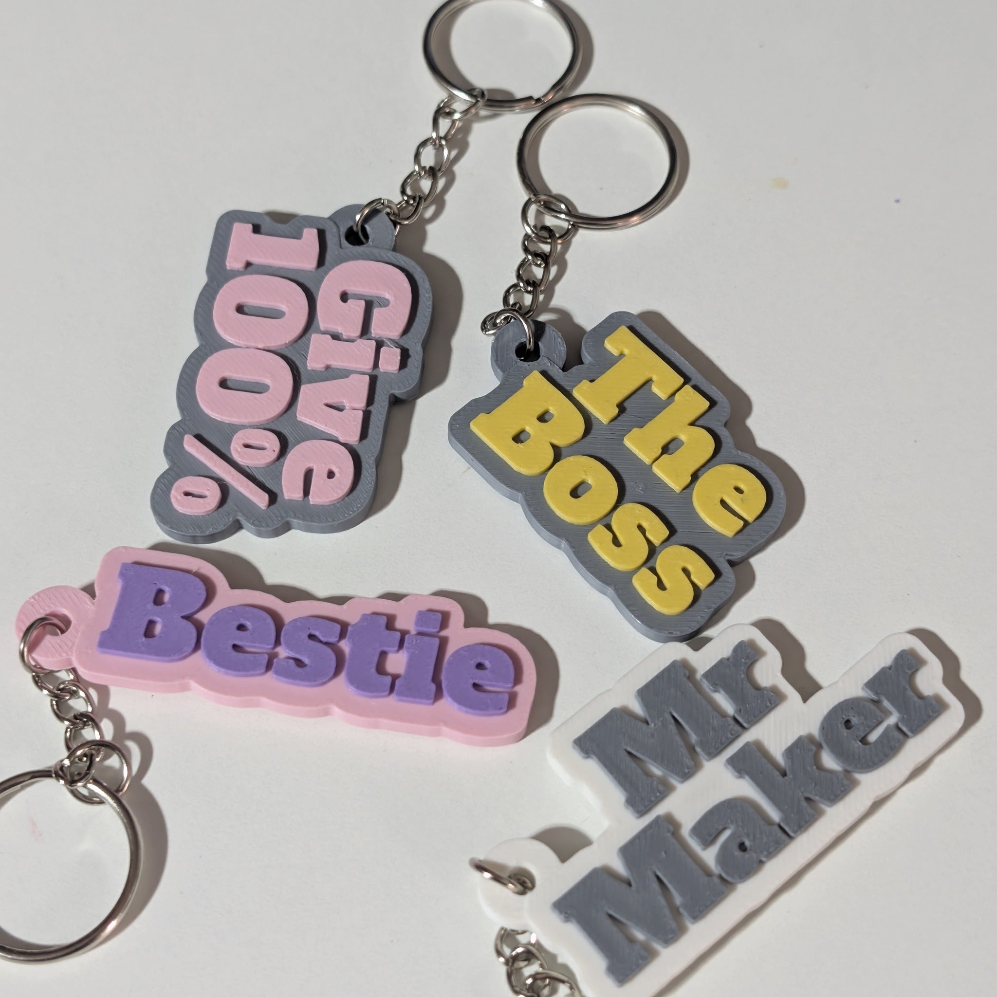 Range of colour combinations available for the personalised name keyring
