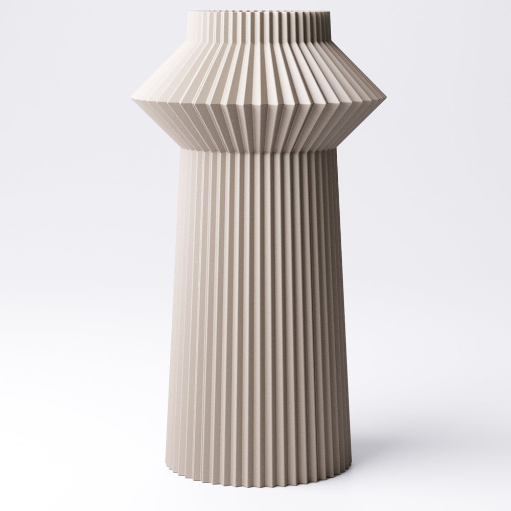 Pleated hourglass vase, styled with dried flowers on a shelf