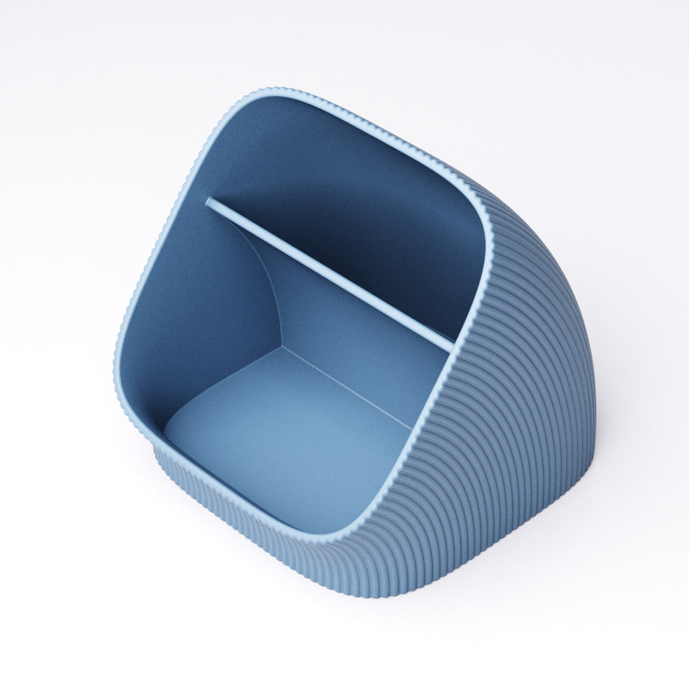 Ribbed desk organiser close-up of the two-section interior