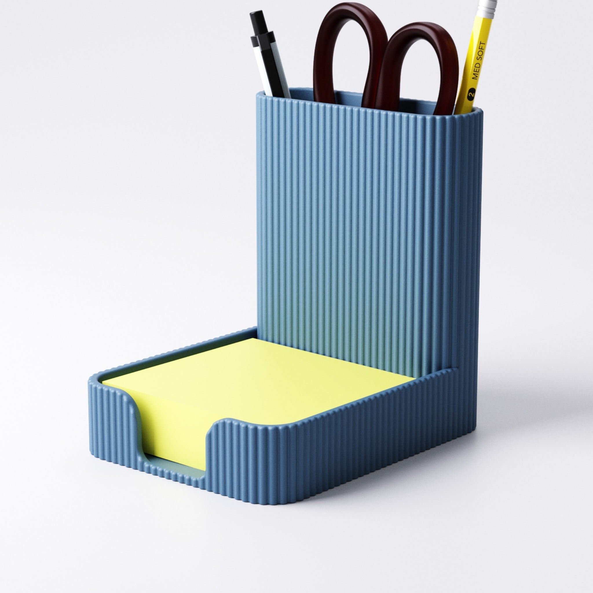 Sticky note and pen holder, Style 1, angled view showing the ribbed texture