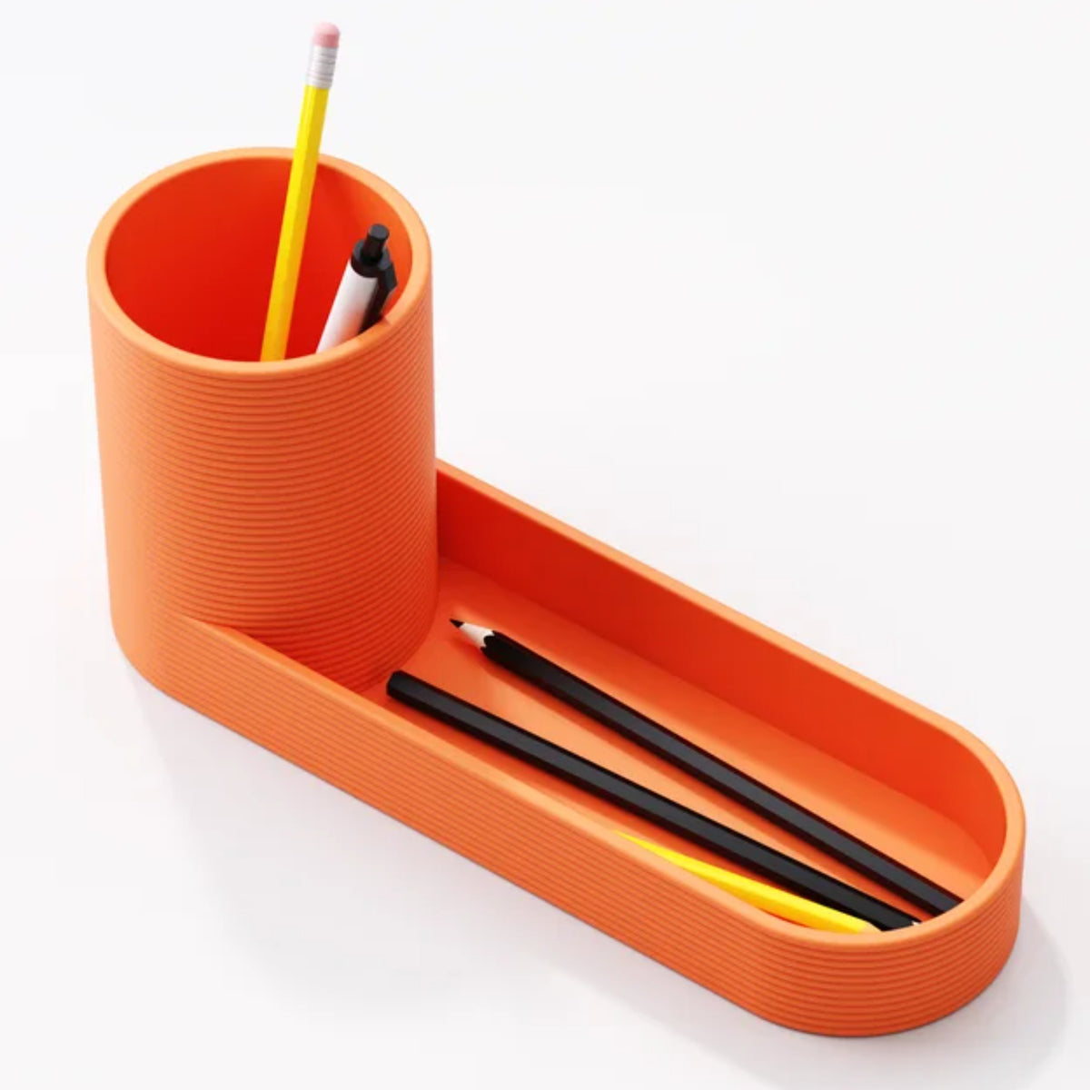 Tiered desk organiser in a bright colour holding pens and stationery