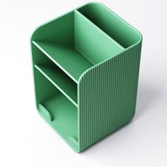 Compact tiered pen holder desk organiser in colourful PLA on a small desk