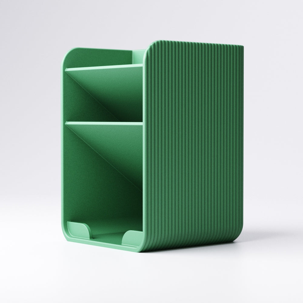 Small pen holder with three tiered sections holding pens and stationery